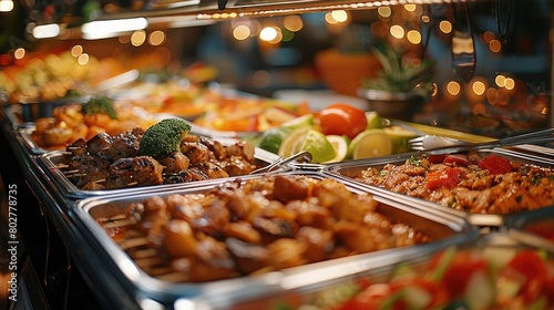 Buffet food indoor in restaurant with grilled meat with bokeh. Generative AI.