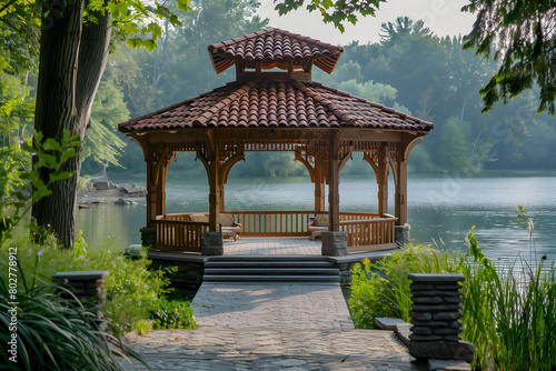 A pavilion by a lake crafted from wood and adorned with intricate carvings, exuding an inviting charm