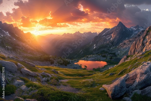 The panorama captures a breathtaking sunset casting golden hues over a majestic mountain range with alpine lakes nestled in valleys. Resplendent. photo