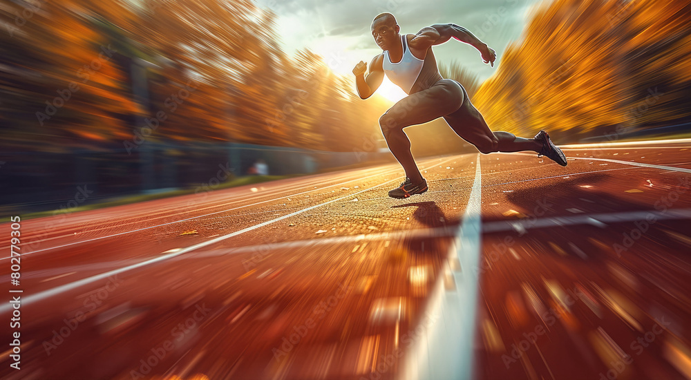 Fototapeta premium A sprinter sprinting down a track in a track and field event, capturing the first place finisher, The white line of the track and the lower. Generative AI.