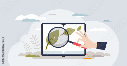 Environmental science and nature research work tiny person hands concept. Biological analysis and learning about flora for climate understanding vector illustration. Agriculture study and explore.