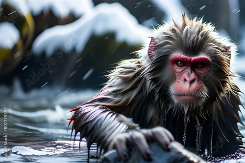 Courageous monkey bracing against a blizzard beside a frozen river, capturing survival in a harsh snowy landscape, trending on ArtStation, sharp focus, studio-style photo, intricate furs and icy water photo