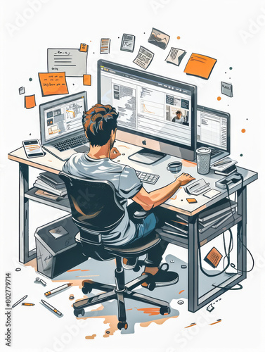 Web Designer.  Generated Image.  A digital illustration of a male web designer busy at work.