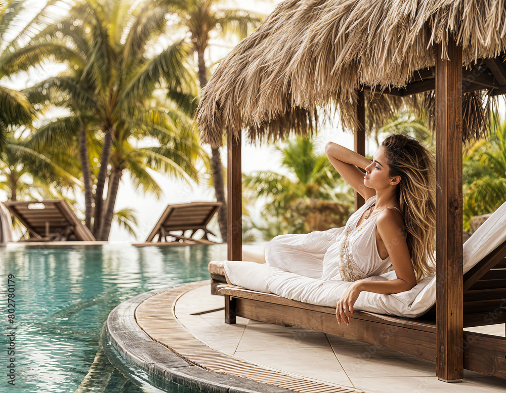 Serene Poolside Relaxation at a Tropical Resort During a Sunny Afternoon