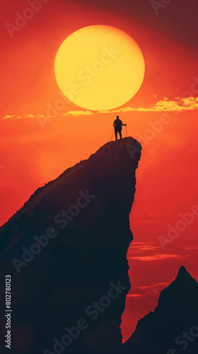 Silhouette a climber on the top of the mountain against the sun in sunset  fighting spirit and togetherness theme..