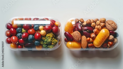 In a capsule with fruit, vegetables, nuts, and beans, a nutritional supplement and vitamin supplement. Medicine health concept. Generative AI.