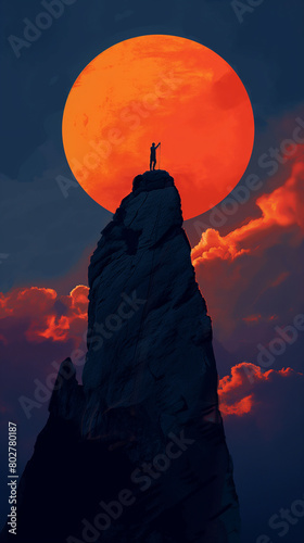 Silhouette a climber on the top of the mountain against the sun in sunset, fighting spirit and togetherness theme.. photo