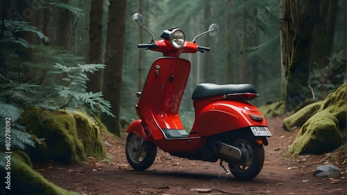 An beautiful red electric scooter stands on a rocky trail in a forest