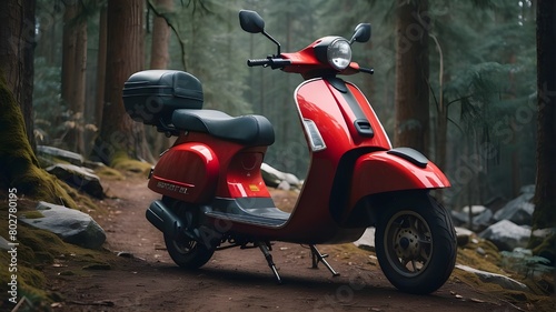 scooter on the street  An beautiful red electric scooter stands on a rocky trail in a forest