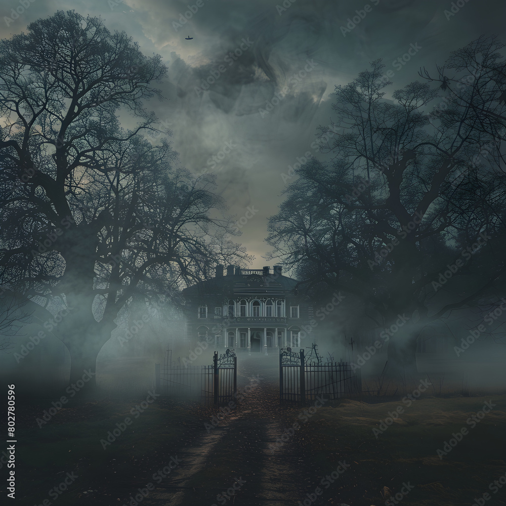 The Haunting Silence: An Ominous Depiction of a Classic Haunted Mansion