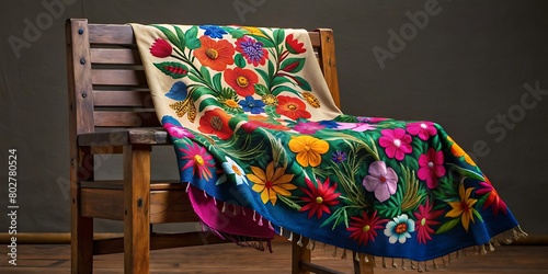 Rebozo tradicional mexicano bordado con flores y pájaros coloridos, sobre una silla de madera.
 photo