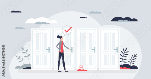 Talent acquisition and professional HR hiring work tiny person concept. Search for employee from various opportunities vector illustration. Recruitment or human resources research vector illustration