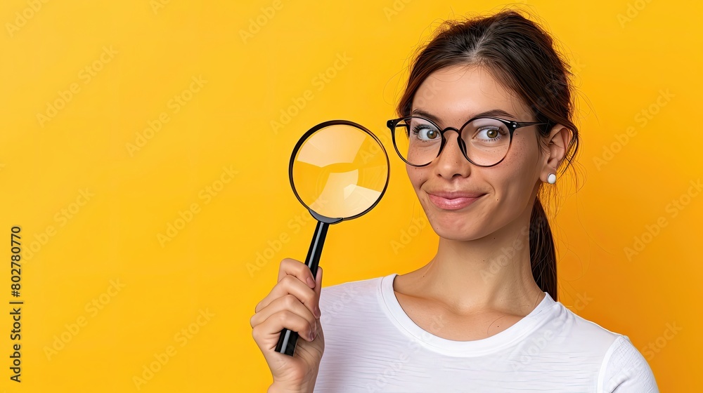 A woman is holding a magnifying glass and smiling A woman is holding a magnifying glass and smiling