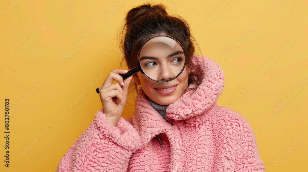 A woman wearing a pink coat and holding a magnifying glass A woman wearing a pink coat and holding a magnifying glass