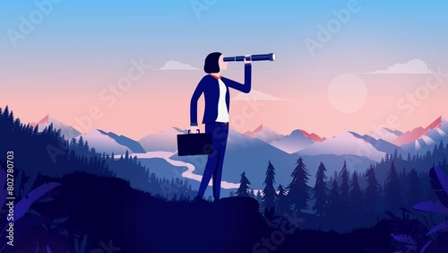 Business person looking for career opportunities - Businesswoman alone in landscape with binocular scouting and searching. Flat design vector animation photo