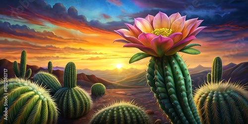 Flor de cactus floreciente en el desierto mexicano al atardecer.
 photo