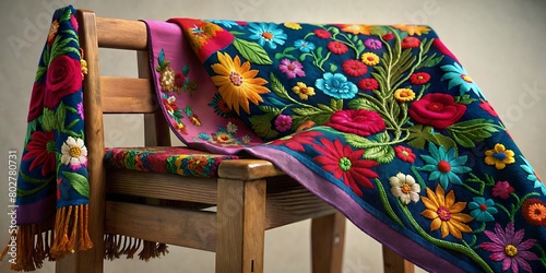 A traditional Mexican rebozo, embroidered with colorful flowers and birds, draped over a wooden chair. 