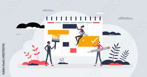 Time blocking as effective time management technique tiny person concept. Work planning for productivity and efficiency vector illustration. Job scheduling and reminder calendar for workflow control.