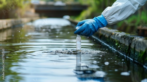 An environmental engineer in protective gear meticulously collects a water sample from a sewage treatment plant for quality testing and analysis. photo