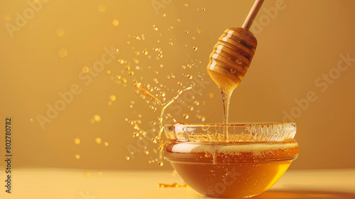 Honey flowing down spoon into honeycomb. Beautiful and presentational close-up photo photo