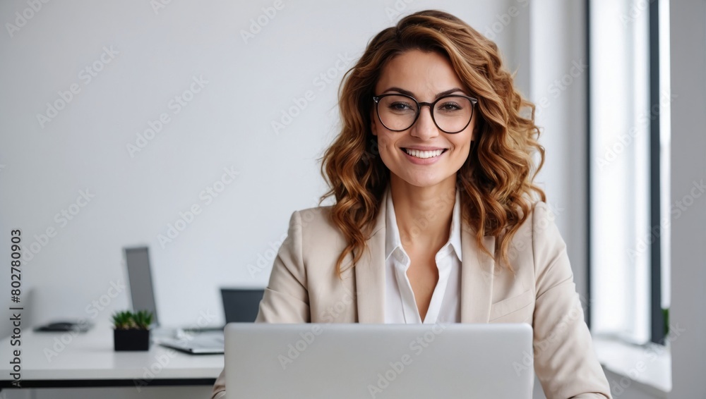 Professional Woman with Glasses and Curly Hair Using Computer in Corporate Workspace Professional Woman with Glasses and Curly Hair Using Computer in Corporate Workspace