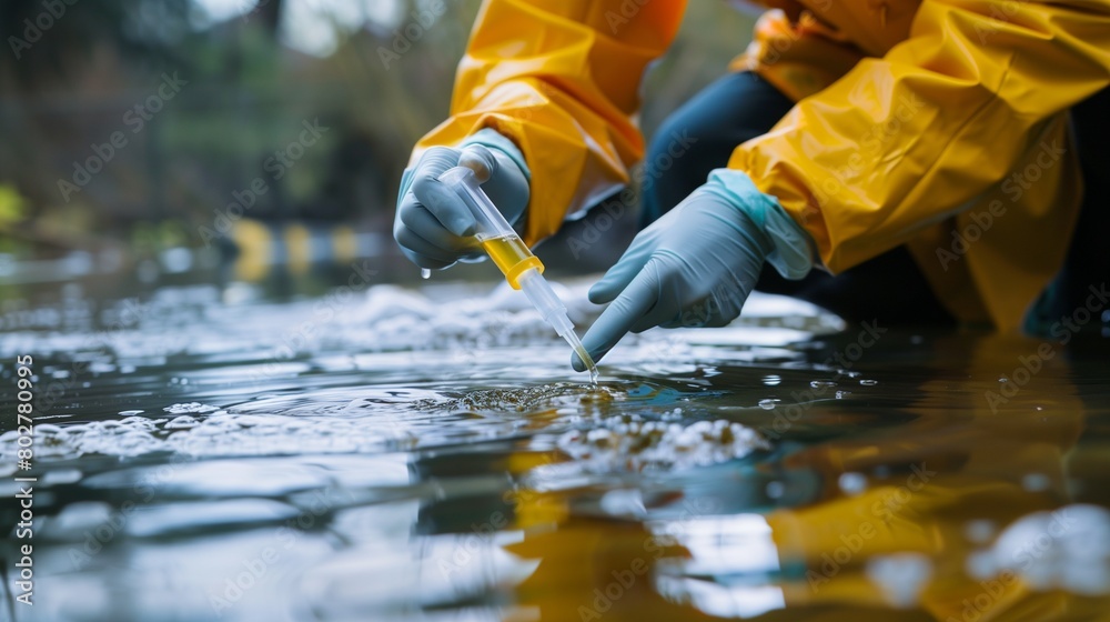 An environmental engineer in protective gear meticulously collects a water sample from a sewage treatment plant for quality testing and analysis. An environmental engineer in protective gear meticulously collects a water sample from a sewage treatment plant for quality testing and analysis.