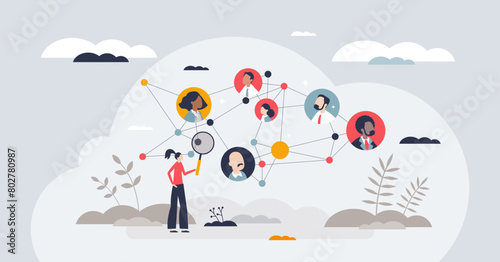 People analytics and HR data research for effective teamwork tiny person concept. Sociological monitoring and analysis with human resources data collecting and transforming vector illustration.