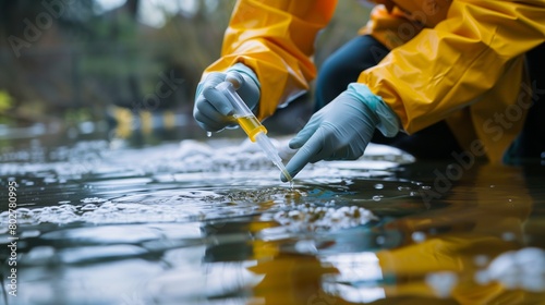 An environmental engineer in protective gear meticulously collects a water sample from a sewage treatment plant for quality testing and analysis. © TensorSpark