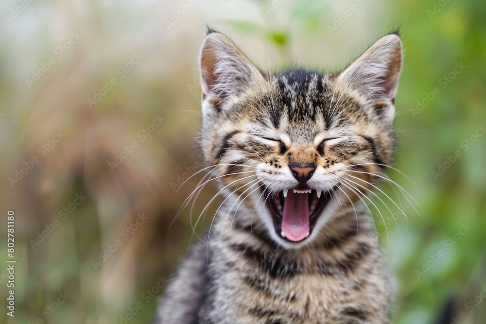 Photo of cat laughing with its mouth wide open. Background blurred Photo of cat laughing with its mouth wide open. Background blurred