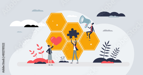 Human management and HR resources for company team tiny person concept. Effective personnel interaction for productive business teamwork vector illustration. Collaboration and partnership connection.