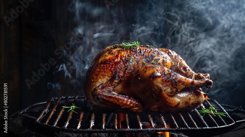 A succulent whole roasted chicken fresh off the grill, golden brown and glistening with savory juices.