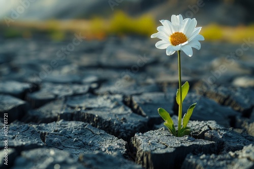 Resilient Daisy Blooming on Cracked Dry Earth - Symbol of Hope and Renewal © Jullia