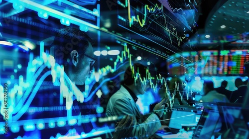 A dynamic shot of stock market traders analyzing data overlaid with investment trends, emphasizing market insights.