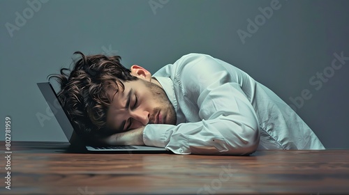 Exhausted young man sleeping at his desk in a plain room. Overworked professional taking a power nap. Simple and modern lifestyle image suitable for business and health themes. AI