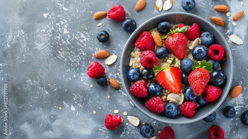 Wallpaper Mural Healthy Breakfast Bowl with Fresh Berries, Nuts, and Oatmeal on Textured Background. Horizontal banner with copy space Torontodigital.ca