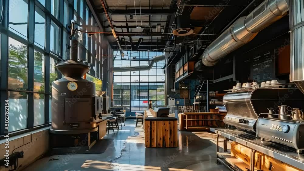 Detailed 3D animation of a gourmet coffee roastery interior, showcasing the art of coffee roasting and cafe culture Detailed 3D animation of a gourmet coffee roastery interior, showcasing the art of coffee roasting and cafe culture