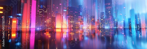 a futuristic cityscape featuring a towering skyscraper  a bustling street  and a bustling river flo