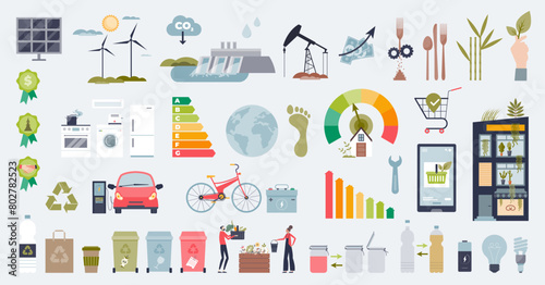 General eco friendly elements for clean lifestyle tiny person collection set. Items with green electricity production from renewable resources vector illustration. Waste management for eco living.