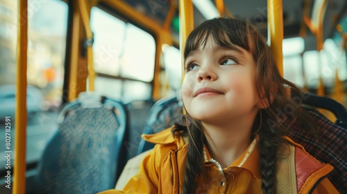 Smiling little girl riding bus looking away, beautiful girl taking bus to work, lifestyle concept. Young smiling woman holding onto a handle while traveling by public bus.