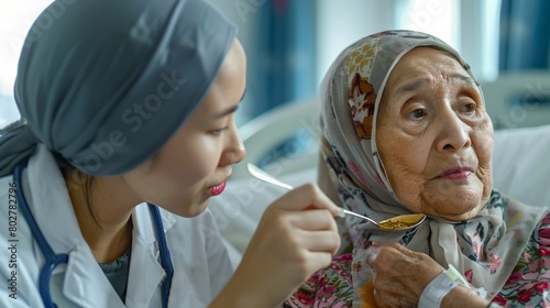 Caring nurse assisting elderly woman with meal. Compassion in healthcare. Warm moment in a nursing home. Senior care and support. Lifestyle imagery for diverse audiences. AI photo