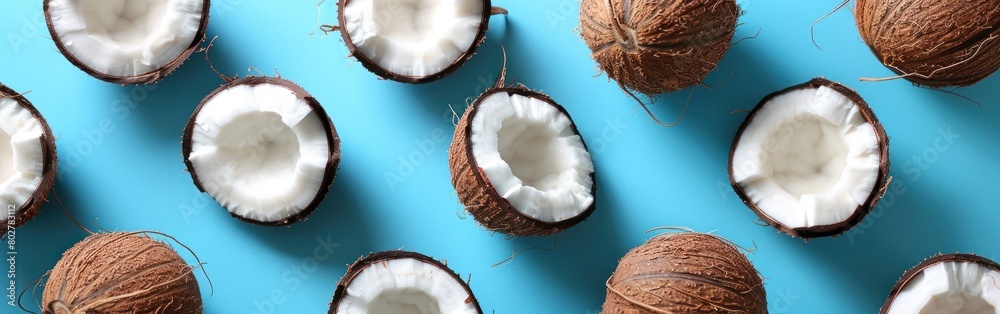 Several halved coconuts are neatly arranged on a bright blue surface, creating a striking visual pattern Several halved coconuts are neatly arranged on a bright blue surface, creating a striking visual pattern