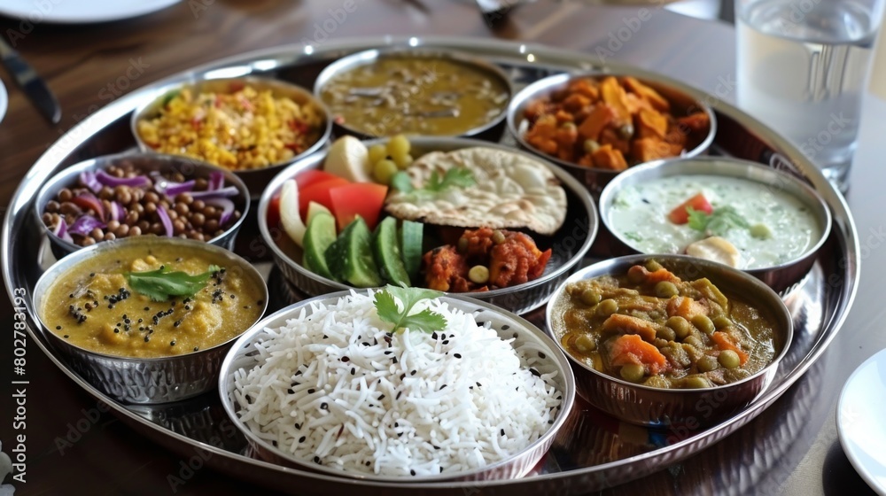 A traditional Indian thali platter filled with a colorful array of curries, rice, lentils, and pickles for a satisfying meal.