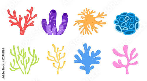 Colorful coral sea underwater cartoon collection flat illustration 
