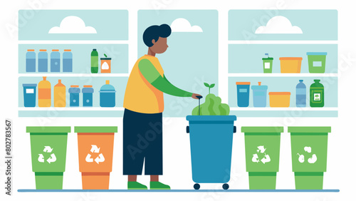 A person using the stores recycling and compost bins to properly dispose of their waste.. Vector illustration