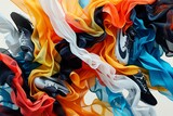 A fluid dance of colors blending into shapes of sports gear.