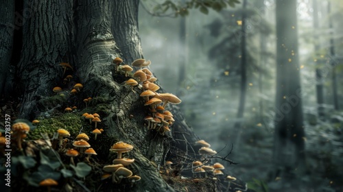 A tranquil woodland scene with mushrooms emerging from the crevices of a weathered tree trunk, a scene straight out of a fairy tale