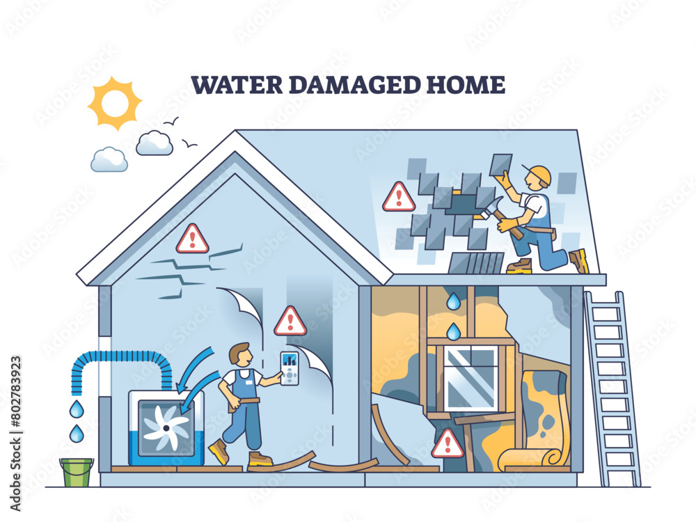 Water damaged home after broken pipe accident and leakage outline concept. Emergency plumbing disaster with damaged walls, floor and roof vector illustration. Mold moisture detection and collecting. Water damaged home after broken pipe accident and leakage outline concept. Emergency plumbing disaster with damaged walls, floor and roof vector illustration. Mold moisture detection and collecting.