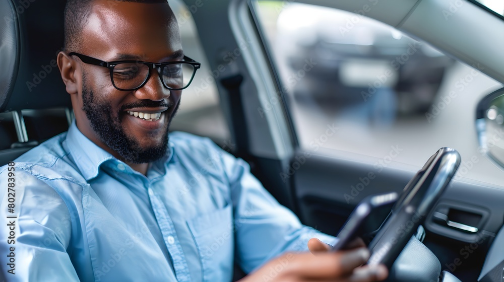 Smiling man in blue shirt using smartphone while sitting in a car. Casual style, modern technology, daily commute. AI Smiling man in blue shirt using smartphone while sitting in a car. Casual style, modern technology, daily commute. AI