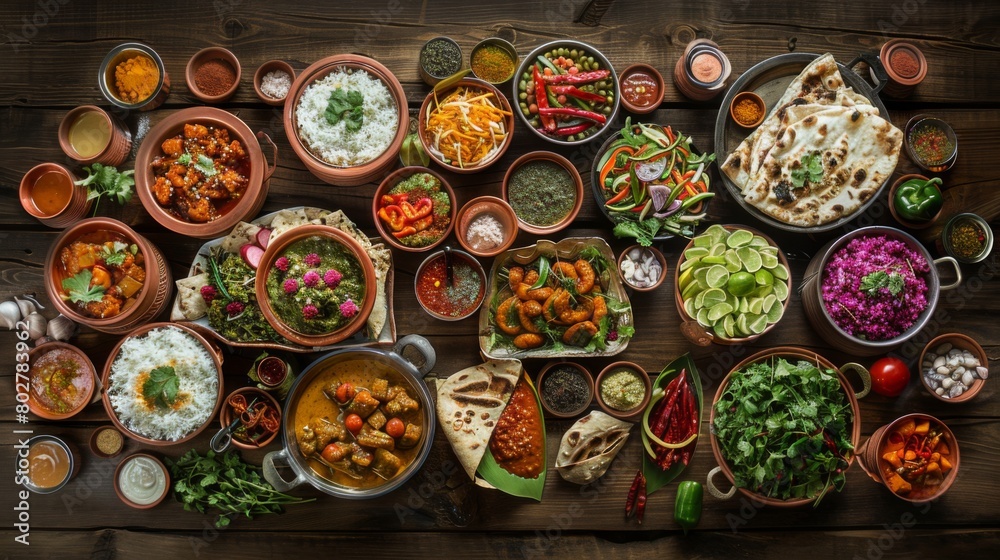 A vibrant array of Indian dishes laid out on a rustic wooden table, enticing with rich colors and aromatic spices. A vibrant array of Indian dishes laid out on a rustic wooden table, enticing with rich colors and aromatic spices.