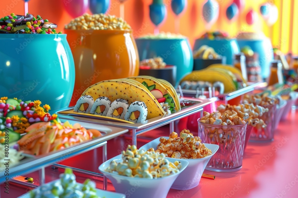 A table with a variety of food items including bowls of popcorn, chips A table with a variety of food items including bowls of popcorn, chips